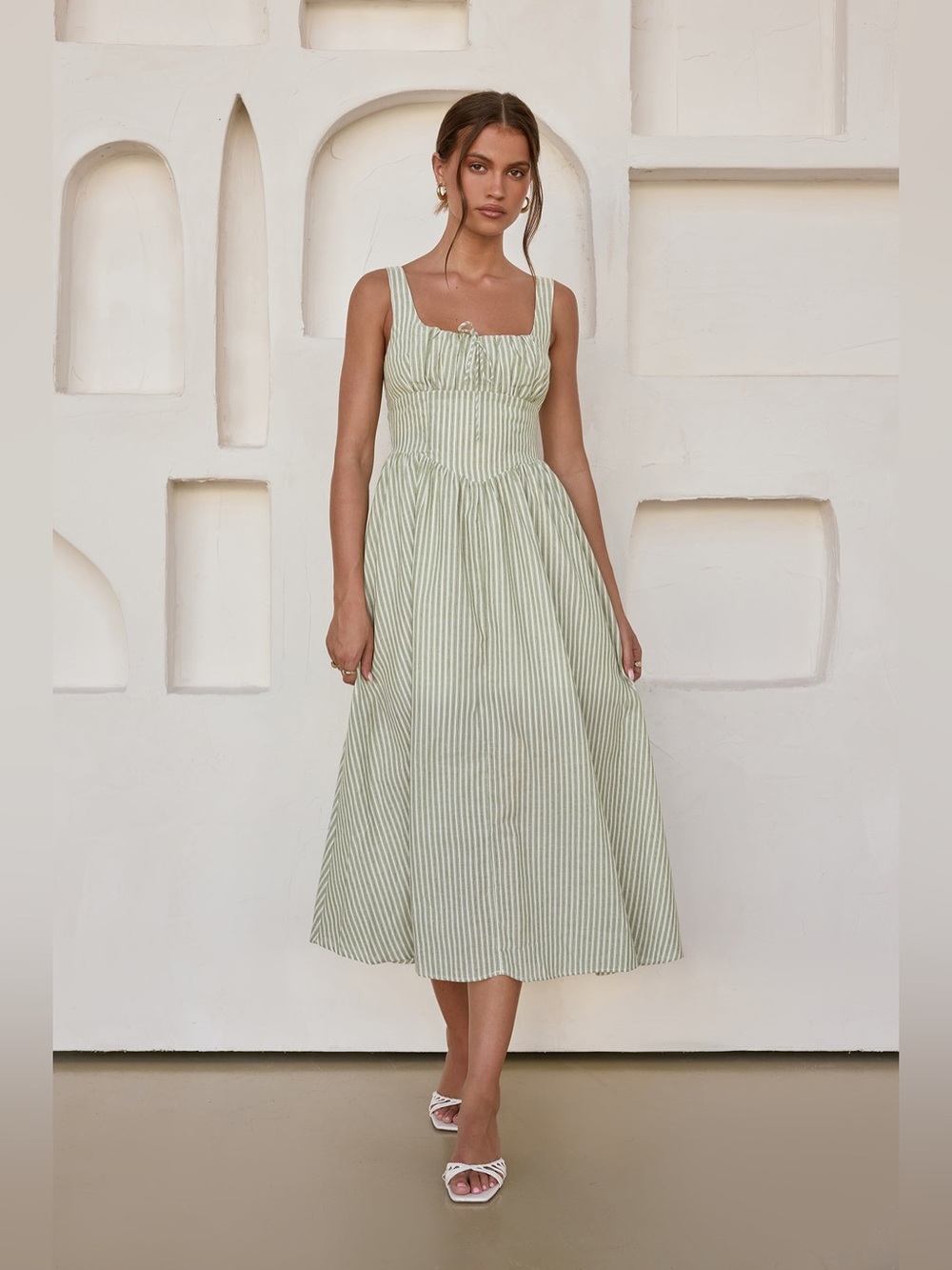 Moon River Sage Striped Midi Dress - Size Medium